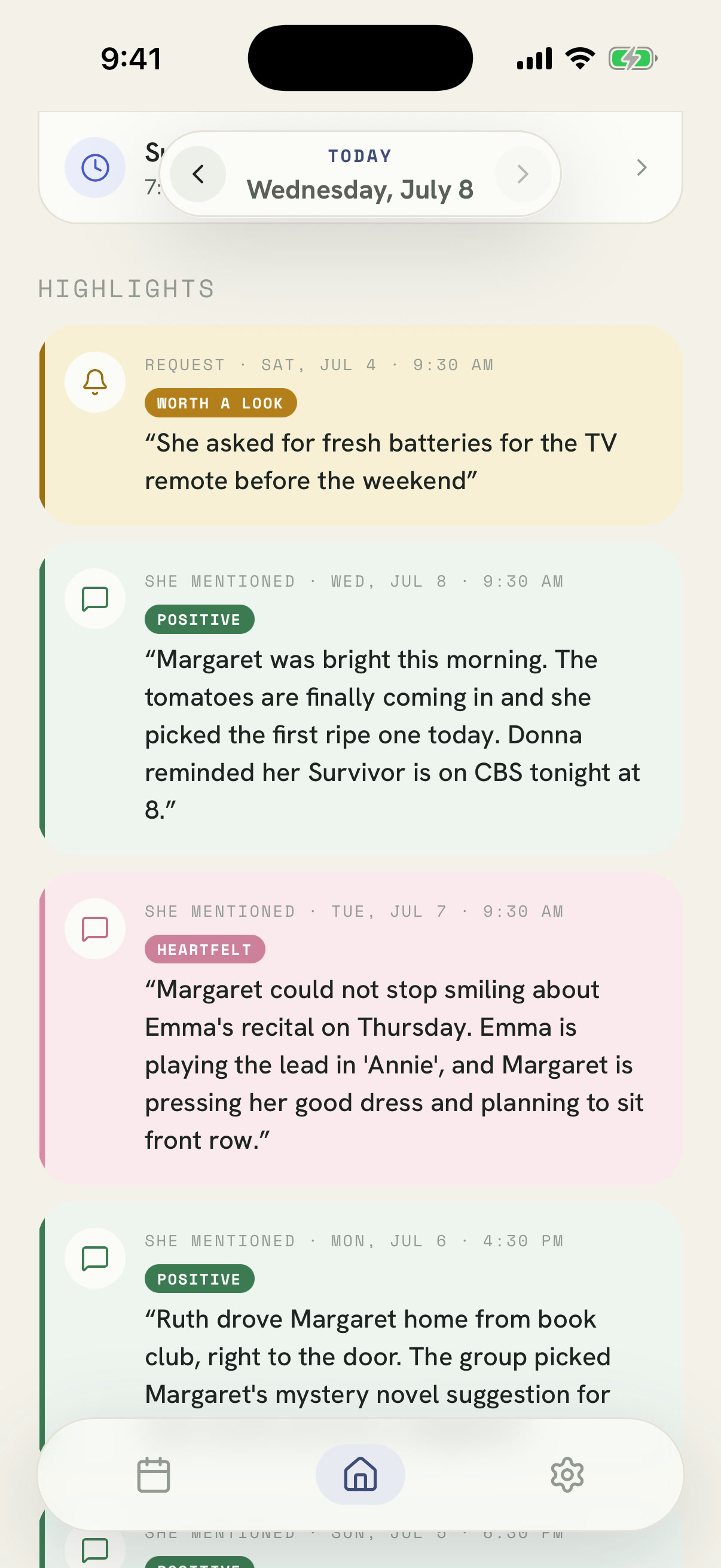 The Donna app's highlights feed with call summaries and quotes from recent calls