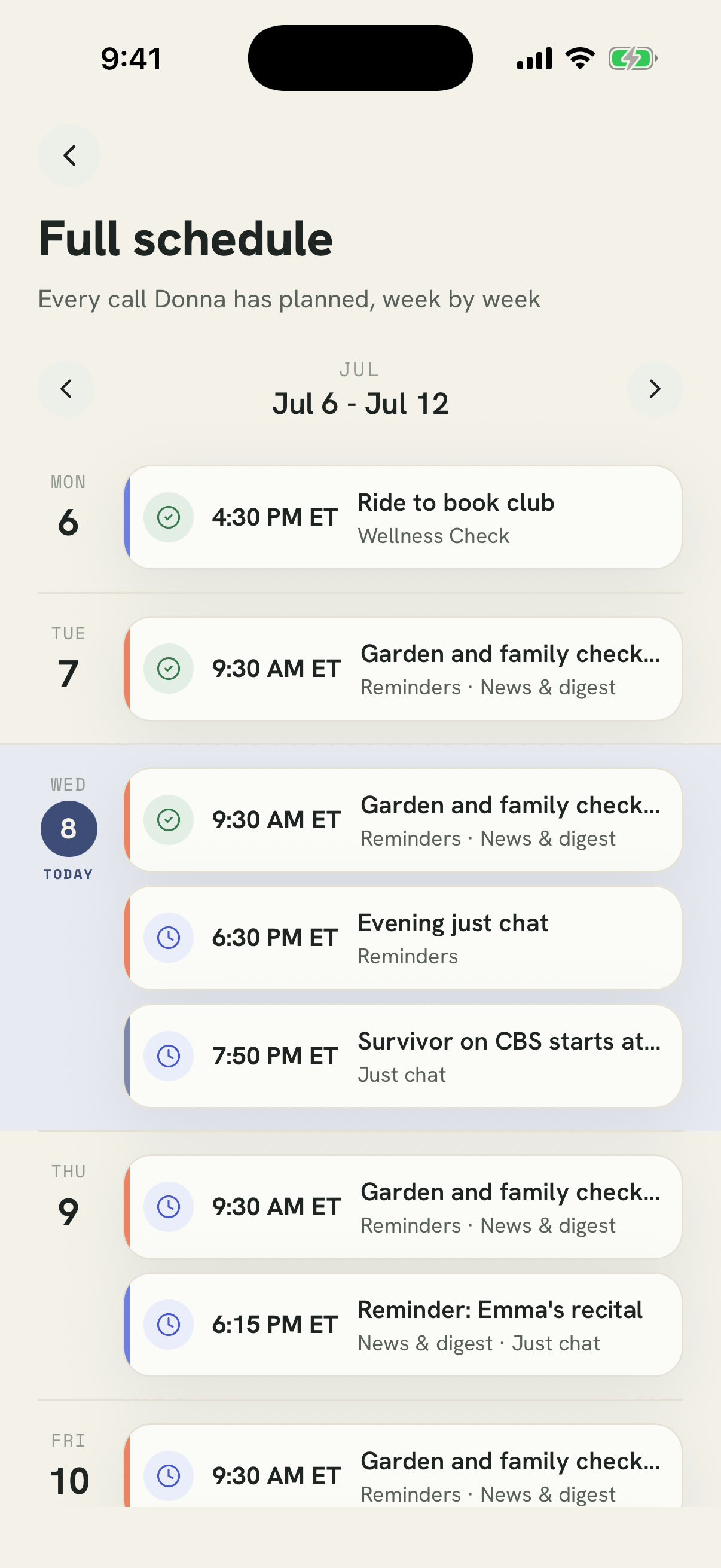 The Donna app's full schedule screen showing a week of planned calls, wellness checks, and reminders